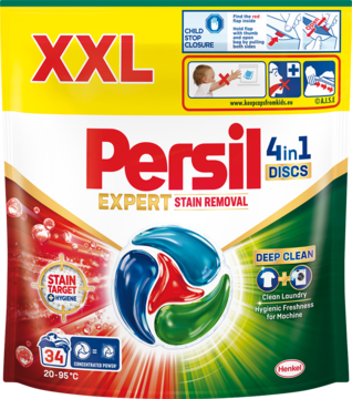 Persil XXL 4in1 Discs Expert Stain Removal 34 kapsułki, widok z przodu na żółto-czerwoną torebkę.