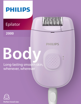 Fioletowy depilator Philips Series 2000, widok z przodu, z metalową głowicą. Napisy: Body, Perfect travel size.