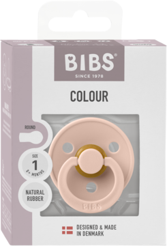 Różowy smoczek Bibs Colour z naturalnego kauczuku, rozmiar 1, w białym pudełku. Widok z przodu, retro design.