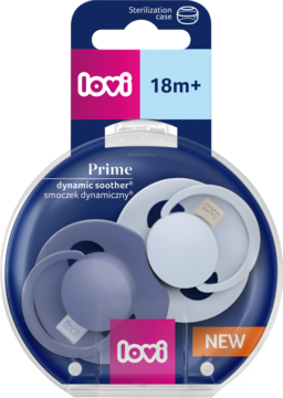 Lovi Prime dynamiczne smoczki silikonowe, fioletowy i biały, 18m+, w niebieskim opakowaniu z etykietą.