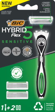 Bic Hybrid Flex 5 Sensitive: maszynka do golenia dla wrażliwej skóry, czarno-zielona, w zestawie z dwoma wkładami.