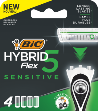Czarno-zielone opakowanie 4 wkładów BIC Hybrid Flex 5 Sensitive, z 5 ostrzami, widoczne logo i napis 'NEW'.