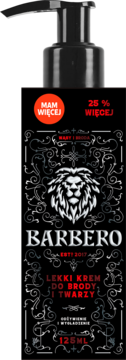 Barbero lekki krem do brody i twarzy 125ml, czarna butelka z pompką, logo lwa, napis 25% więcej, widok z przodu.
