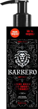 Barbero lekki krem do brody i twarzy 125ml, czarna butelka z pompką, logo lwa, napis 25% więcej, widok z przodu.