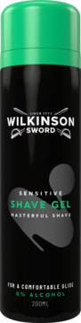 Wilkinson Sword Sensitive Shave Gel, czarna butelka z zieloną nakrętką, 0% alkoholu, widok z przodu.