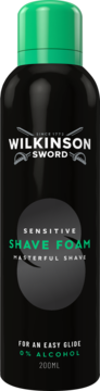 Wilkinson Sword Sensitive Shave Foam, czarna puszka z zieloną nakrętką, logo z mieczami, 0% alkohol, przód.