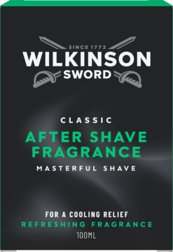 Wilkinson Sword Classic After Shave 100ml. Ciemny flakon z zielonym napisem, logo z mieczami, widok z przodu.