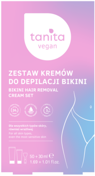 Tanita Vegan zestaw do depilacji bikini, różowo-fioletowe pudełko z kobiecą sylwetką, działa w 3 minuty.