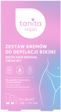 Tanita Vegan zestaw do depilacji bikini, różowo-fioletowe pudełko z kobiecą sylwetką, działa w 3 minuty.