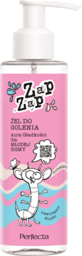 Perfecta Zap Zap żel do golenia dla młodej skóry, różowa butelka z pompką i zabawnym owadem, przód.
