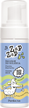 Perfecta Zap Zap balsam do golenia w piance dla młodej skóry. Biała butelka, niebieska etykieta, wesoły pies.