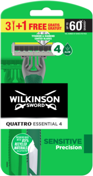 Wilkinson Sword Quattro Essential 4 Sensitive maszynki męskie, zielone opakowanie 3+1 FREE, 4 sztuki.