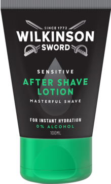 Czarna tuba balsamu Wilkinson Sword Sensitive After Shave Lotion 0% alkohol, zielona nakrętka, front.