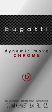 Bugatti Dynamic Move Chrome EDT, 100 ml, metaliczne opakowanie z siatką i czerwonym napisem CHROME, widok z przodu.