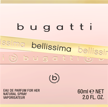 Bugatti Bellissima Eau de Parfum dla Niej, różowe opakowanie z złotą wstążką, widok z przodu, pojemność 60ml.