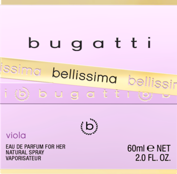 Front jasnofioletowego pudełka Bugatti Bellissima Viola, 60ml. Złota wstążka z napisem, woda perfumowana.