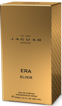 Złote, błyszczące opakowanie męskiej wody perfumowanej Jaguar Era Elixir, widok z przodu i z prawego boku.