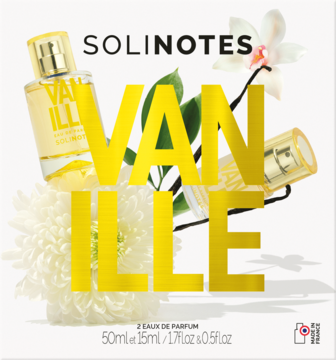 Zestaw perfum Solinotes Vanilla: dwie butelki (50, 15ml), kwiaty i laska wanilii na białym tle, widok z przodu.