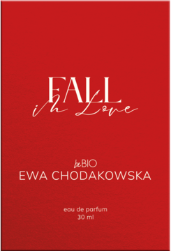 Czerwone opakowanie damskich perfum beBIO Ewa Chodakowska Fall in Love 30 ml, z białym napisem, widok z przodu.