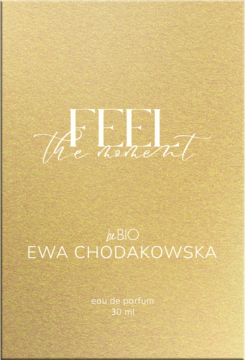 Złoty kartonik perfum Feel the Moment beBIO Ewa Chodakowska 30 ml, widok z przodu, białe napisy.