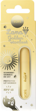 Żółte opakowanie Yope Lana V Golden Stardust Protective Lip Shimmer SPF 15 z okienkiem i złotym sztyftem, widok z przodu.