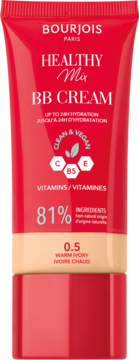 Bourjois Healthy Mix BB Cream 0.5 Warm Ivory, czerwona tubka z witaminami, wegańska formuła, widok z przodu.