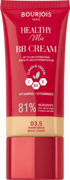 Bourjois Healthy Mix BB Cream 03.5 Warm Beige, czerwono-beżowa tuba. Front z napisami: Clean & Vegan, 81% naturalnych składników.
