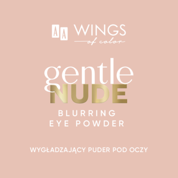 Puder pod oczy AA Wings of Color Gentle Nude Blurring Eye Powder, na beżowym tle z białymi i złotymi napisami.