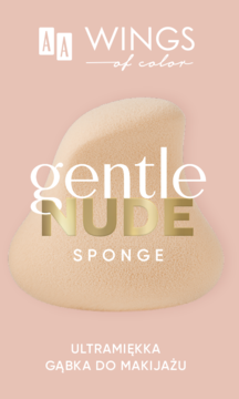 Beżowa, miękka gąbka do makijażu AA Wings of Color Gentle Nude o kształcie łezki, widok z przodu na pastelowym tle.