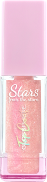 Stars from The Stars Glossphere Pink & Rich top coat, transparent bottle with sparkling rose-gold glitter, pink cap.