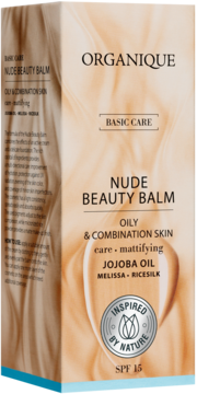 Organique Nude Beauty Balm for oily & combination skin, mattifying, SPF 15, front of a warm brown box.