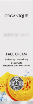 Front view of white box for Organique Hydrating Face Cream with pumpkin illustration and "Inspired by Nature" seal.
