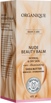 Organique Nude Beauty Balm for normal/dry skin, beige box, front-left view with Shea Butter & SPF 15.