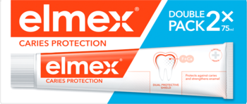 Biała tubka pasty Elmex Caries Protection obok niebiesko-pomarańczowego pudełka 2x75ml, widok frontalny.