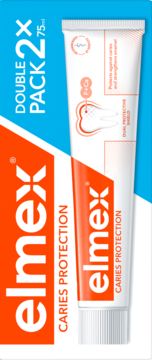 Elmex Caries Protection pasta do zębów, podwójne opakowanie 2x75ml. Pudełko białe z niebieską górą, pod kątem.