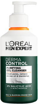 L'Oréal Men Expert Derma Control żel do mycia twarzy z kwasem salicylowym, biała butelka z pompką, widok z przodu.