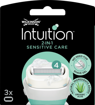 Wilkinson Intuition Sensitive Care: 3 wkłady z 4 ostrzami i organicznym aloesem, na czarnym tle.