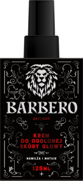 Barbero nawilżający krem do ogolonej skóry głowy, 125ml, czarna butelka z logo lwa, widok z przodu.