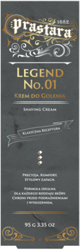 Krem do golenia Prastara Legend No.01, ciemne opakowanie z złotym logo i napisem, widok z przodu, 95g.