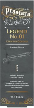 Krem do golenia Prastara Legend No.01, ciemne opakowanie z złotym logo i napisem, widok z przodu, 95g.