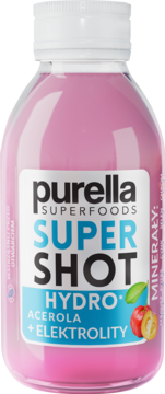 Różowy Purella Superfoods SUPER SHOT HYDRO z acerolą i elektrolitami w małej butelce, widok frontalny.