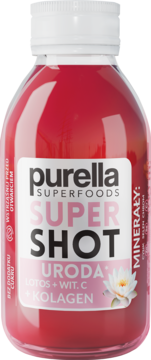 PURELLA SUPERFOODS Super Shot Uroda,napój typu shot, Lotos + Wit. C + Kolagen, o smaku czerwonej porzeczki,przód