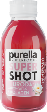 Czerwony Purella Superfoods Super Shot Uroda z lotosem, witaminą C, kolagenem i minerałami, widok frontalny.