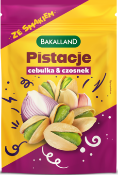 BAKALLAND ,pistacje prażone, solone, z dodatkiem suszonego czosnku i cebulki,przód
