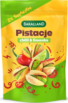 BAKALLAND ,pistacje prażone, solone, z dodatkiem chilli i limonki,przód