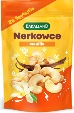 BAKALLAND ,orzechy nerkowca prażone, o smaku waniliowym,przód
