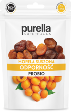 Purella Superfoods morele suszone Odporność Probio bez cukru, D3+cynk. Biała torebka, widok z przodu.
