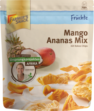 Przednia strona białej torebki Farmer's Snack Mango Ananas Mix. Wegańskie suszone mango, ananas i chipsy kokosowe.
