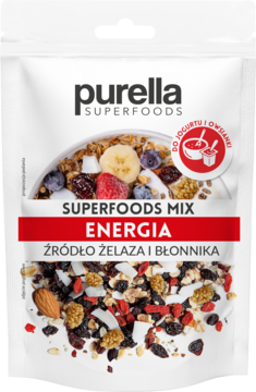 PURELLA SUPERFOODS Energia ,mieszanka suszonych owoców z chipsami kokosowymi, do jogurtu i owsianki,przód