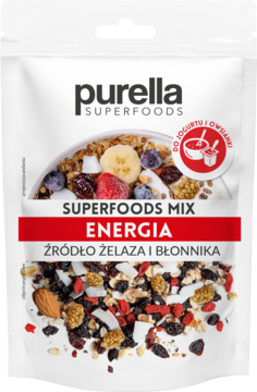 Purella Superfoods Mix Energia, biała torebka z owocami, orzechami i kokosem, źródło żelaza i błonnika do jogurtu.